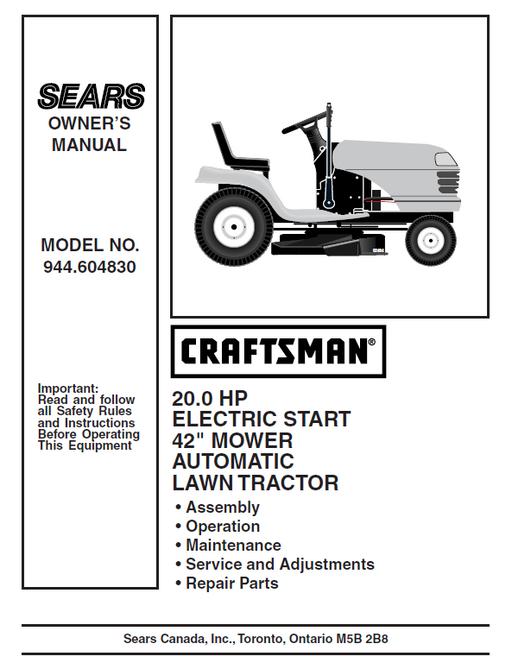 944.604830 Manual for Craftsman 20.0 HP 42" Lawn Tractor