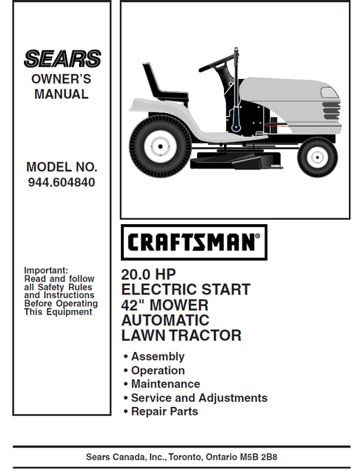 944.604840 Manual for Craftsman 20.0 HP 42" Lawn Tractor