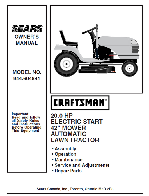 944.604841 Manual for Craftsman 20.0 HP 42" Lawn Tractor
