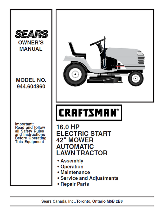 944.604860 Manual for Craftsman 16.0 HP 42" Lawn Tractor