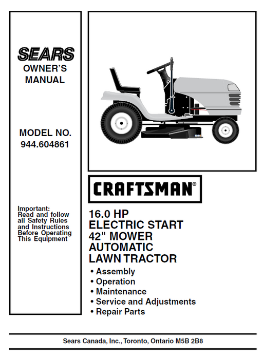 944.604861 Manual for Craftsman 16.0 HP 42" Lawn Tractor