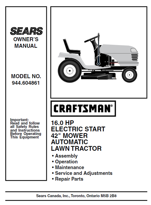 944.604861 Manual for Craftsman 16.0 HP 42