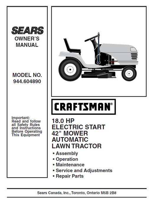 944.604890 Manual for Craftsman 18.0 HP 42' Lawn Tractor