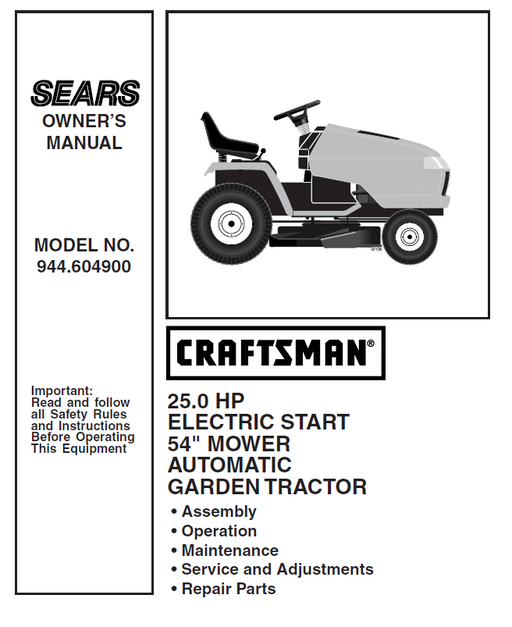 944.604900 Manual for Craftsman 25.0 HP 54" Garden Tractor