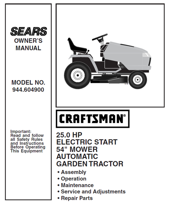 944.604900 Manual for Craftsman 25.0 HP 54 Garden Tractor DR Mower Parts