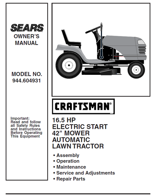 944.604931 Manual for Craftsman 16.5 HP 42" Lawn Tractor