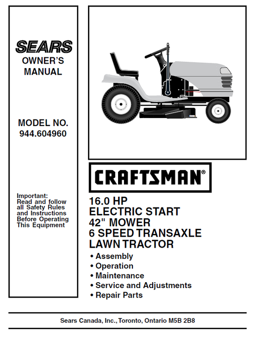 944.604960 Manual for Craftsman 16.0 HP 42" Lawn Tractor