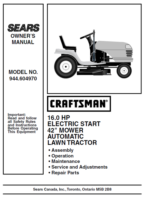 944.604970 Manual for Craftsman 16.0 HP 42" Lawn Tractor