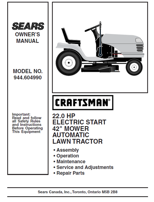 944.604990 Manual for Craftsman 22.0 HP 42" Lawn Tractor