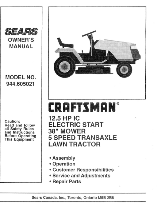 944.605021 Manual for Craftsman 12.5 HP 38" Lawn Tractor