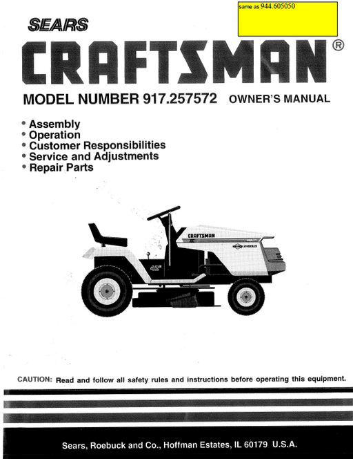 944.605050 Manual for Craftsman 15 HP 42" Lawn Tractor 917.257572