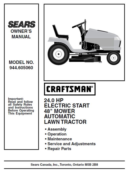 944.605060 Manual for Craftsman 24.0 HP 48" Lawn Tractor