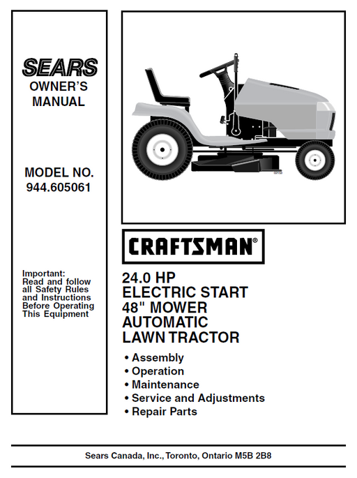 944.605061 Manual for Craftsman 24.0 HP 48" Lawn Tractor