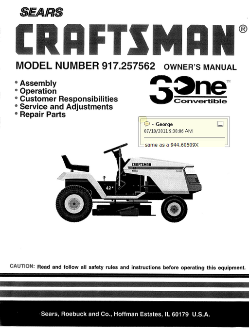 944.605090 Manual for Craftsman 15 HP 42" Lawn Tractor