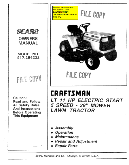 944.605110 Manual for Craftsman 11 HP 38" Lawn Tractor