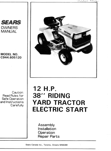 944.605120 Manual for Craftsman 12 HP 38" Yard Tractor