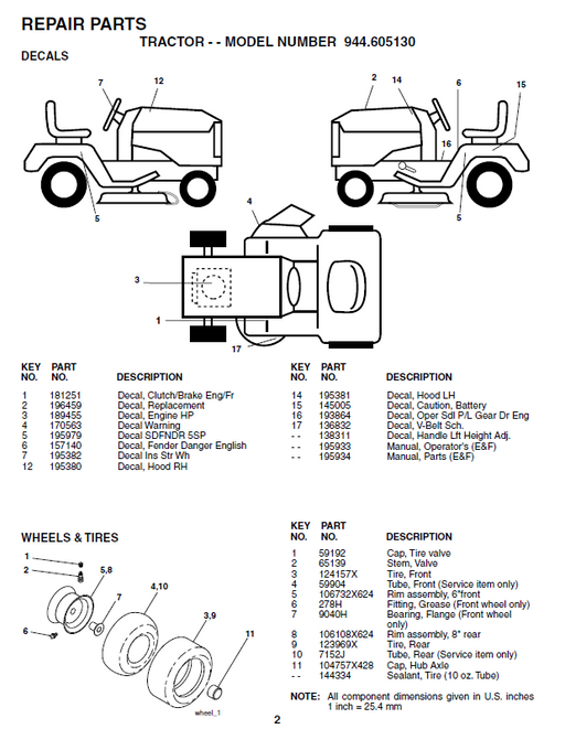 944.605130 Parts List for Craftsman Lawn Tractor