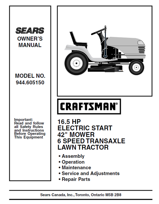 944.605150 Manual for Craftsman 16.5 HP 42" Lawn Tractor