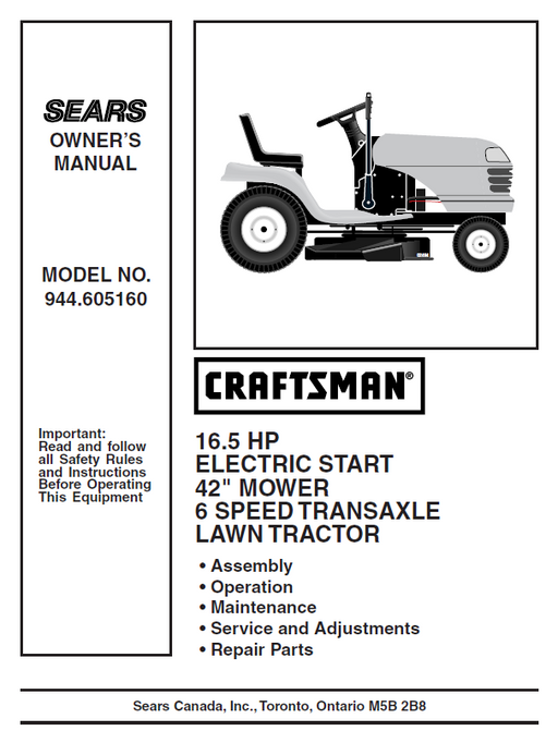 944.605160 Manual for Craftsman 16.5 HP 42" Lawn Tractor