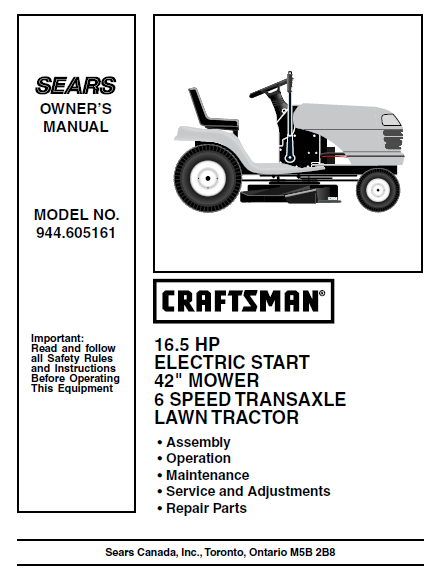 944.605161 Manual for Craftsman 16.5 HP 42" Lawn Tractor