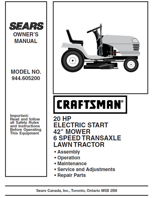 944.605200 Manual for Craftsman 20 HP 42" Lawn Tractor