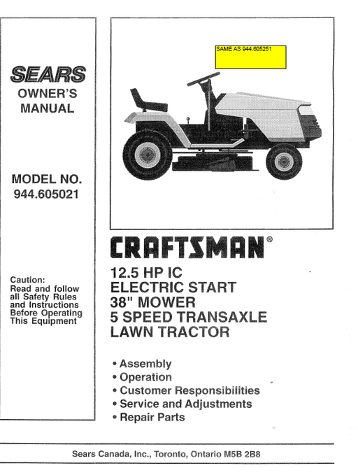 944.605251 Manual for Craftsman 12.5 HP 38" Lawn Tractor