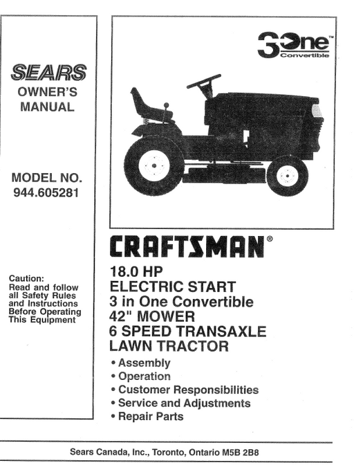 944.605281 Manual for Craftsman 18.0 HP 42" Lawn Tractor