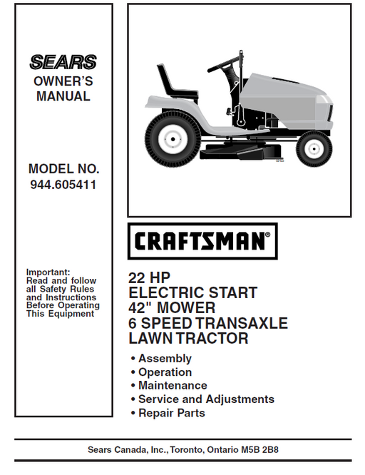 944.605411 Manual for Craftsman 22 HP 42" Lawn Tractor