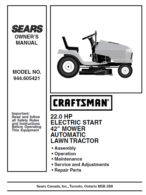 944.605421 Manual for Craftsman 22 HP 42" Lawn Tractor