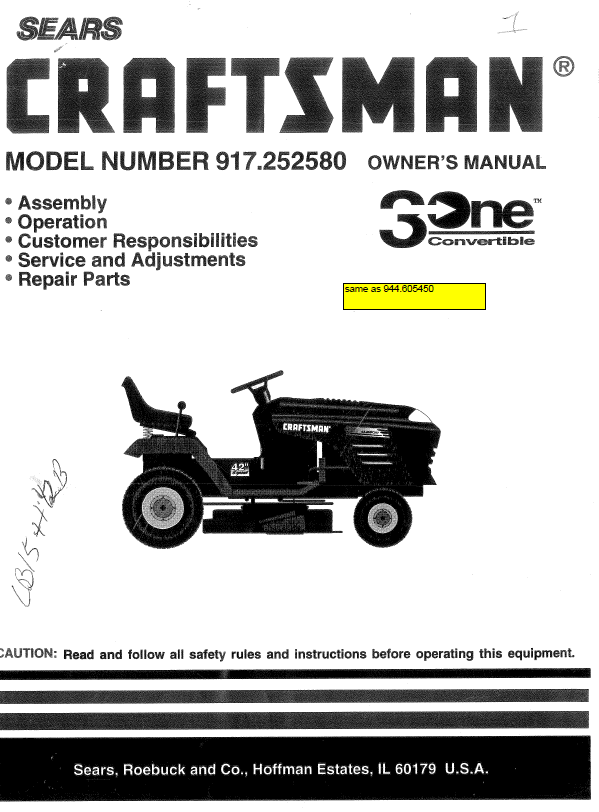 944.605450 Manual for Craftsman 15.5 HP Lawn Tractor 917.252580 — DR