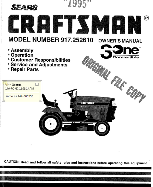 944.605550 Manual for Craftsman 15 HP Lawn Tractor 917.252610