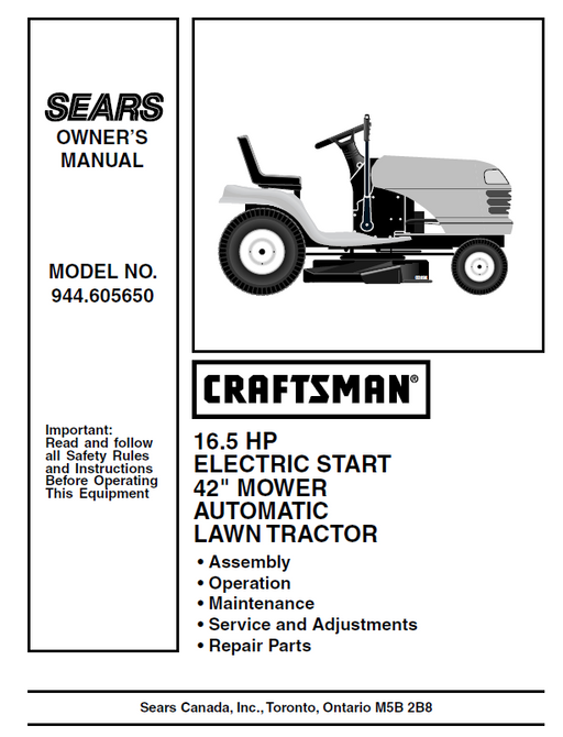 944.605650 Manual for Craftsman 16.5 HP 42" Lawn Tractor