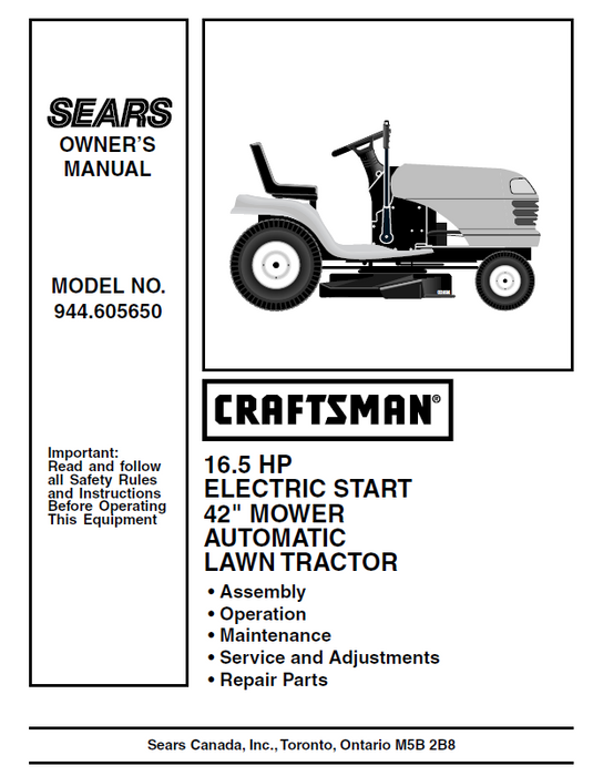 944.605650 Manual for Craftsman 16.5 HP 42" Lawn Tractor