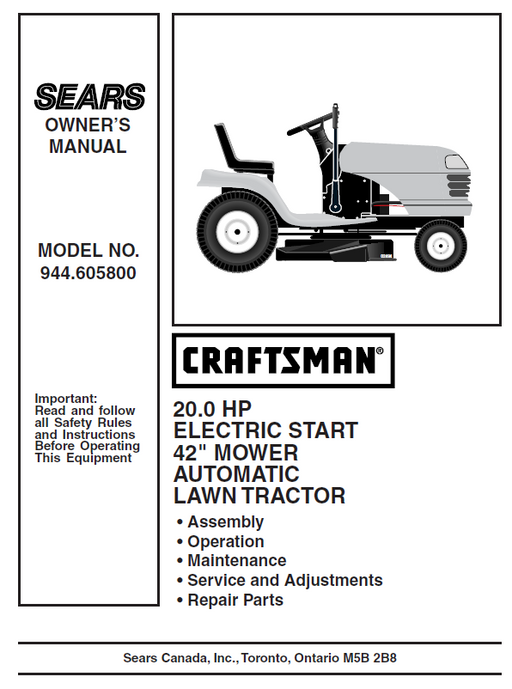 944.605800 Manual for Craftsman 20.0 HP 42" Lawn Tractor