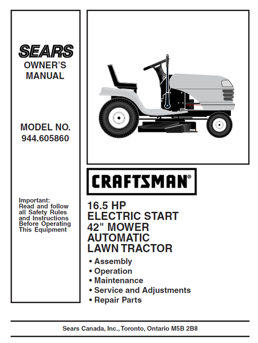 944.605860 Manual for Craftsman 16.5 HP 42" Lawn Tractor