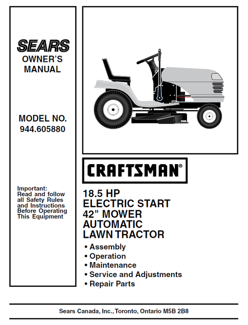 944.605880 Manual for Craftsman 18.5 HP 42" Lawn Tractor