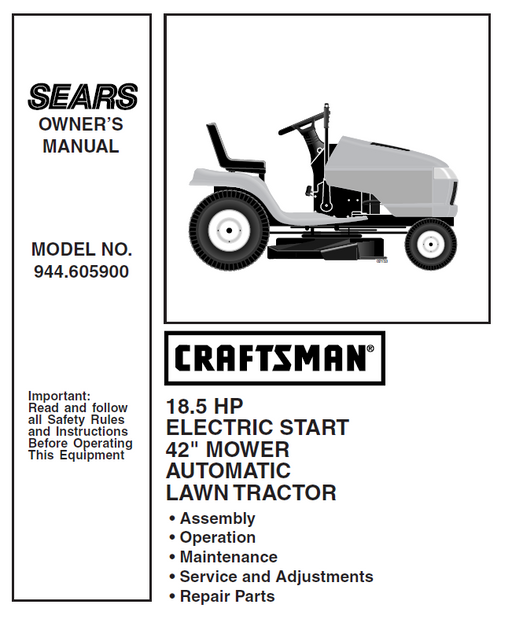 944.605900 Manual for Craftsman 18.5 HP 42" Lawn Tractor