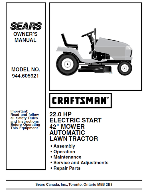 944.605921 Manual for Craftsman 22.0 HP 42" Lawn Tractor