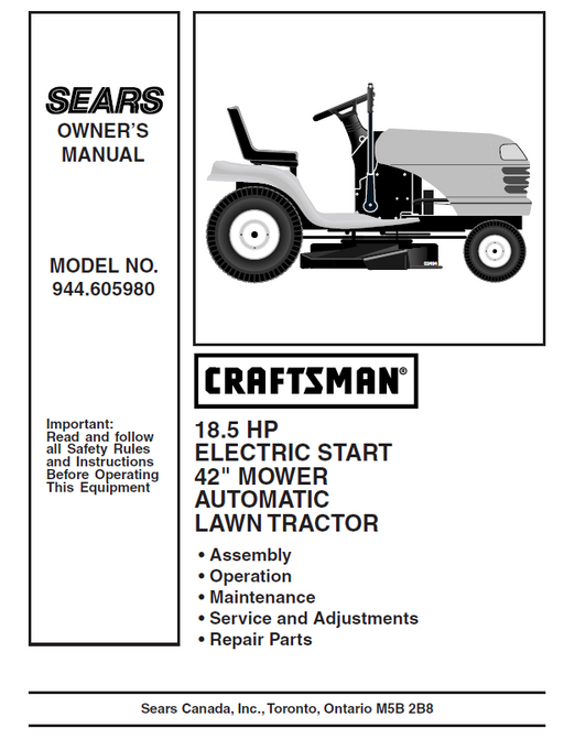 944.605980 Manual for Craftsman 18.5 HP 42" Lawn Tractor