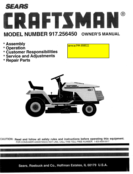 944.606021 Manual for Craftsman 12.5 HP Lawn Tractor DR Mower Parts