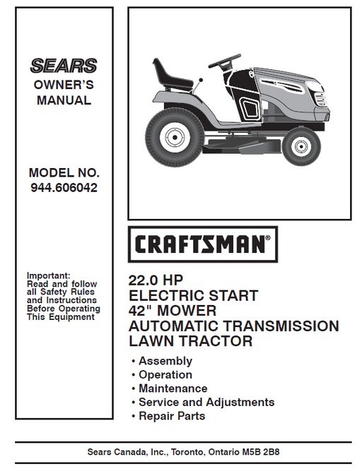 944.606042 Manual for Craftsman 22.0 HP 42" Lawn Tractor