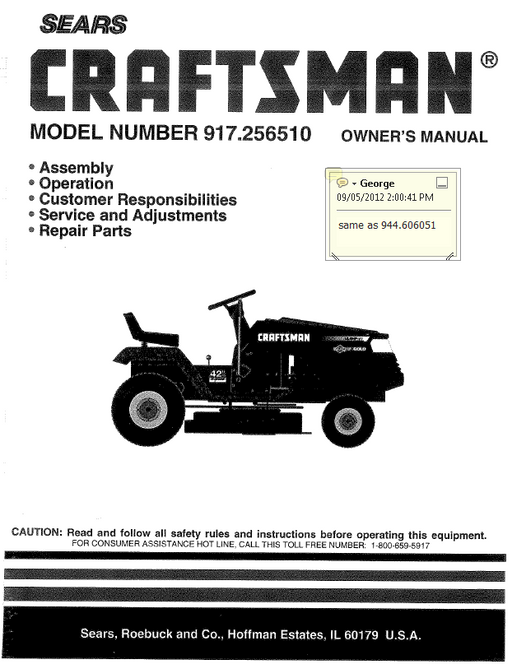 944.606051 Manual for Craftsman 15.5 HP Lawn Tractor 917.256510