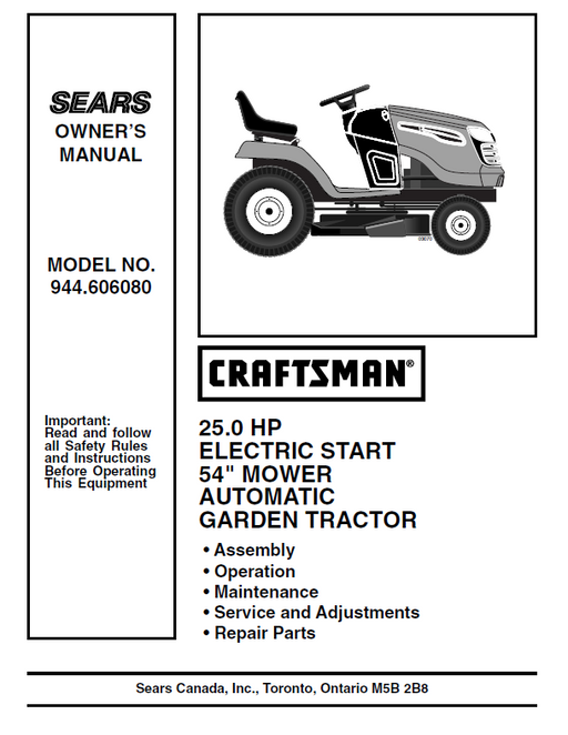 944.606080 Manual for Craftsman 25.0 HP 54" Garden Tractor