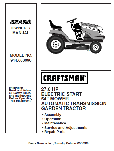 944.606090 Manual for Craftsman 27.0 HP 54" Garden Tractor