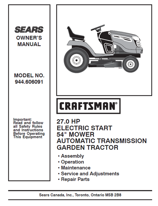 944.606091 Manual for Craftsman 27.0 HP 54" Garden Tractor