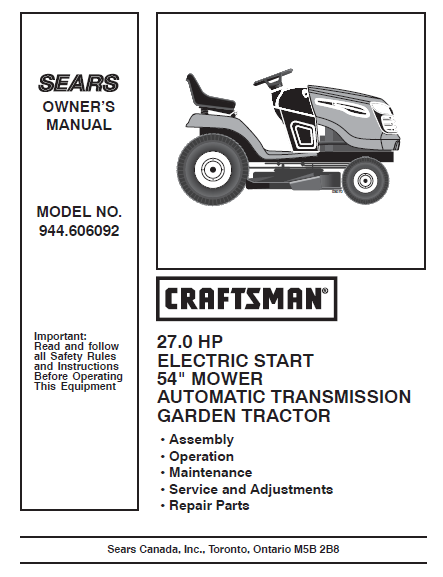 944.606092 Manual for Craftsman 27.0 HP 54" Garden Tractor