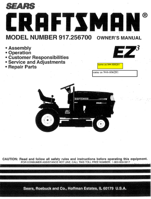 944.606281 Manual for Craftsman 18.0 HP Lawn Tractor 917.256700