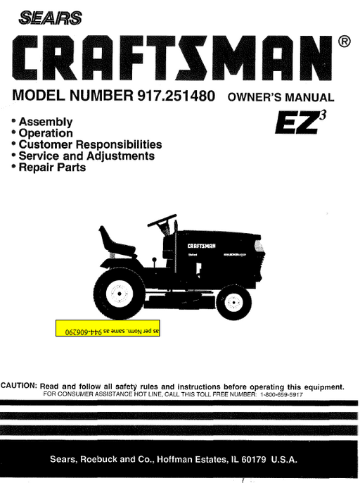 994.606290 Manual for Craftsman 18.5 HP Lawn Tractor