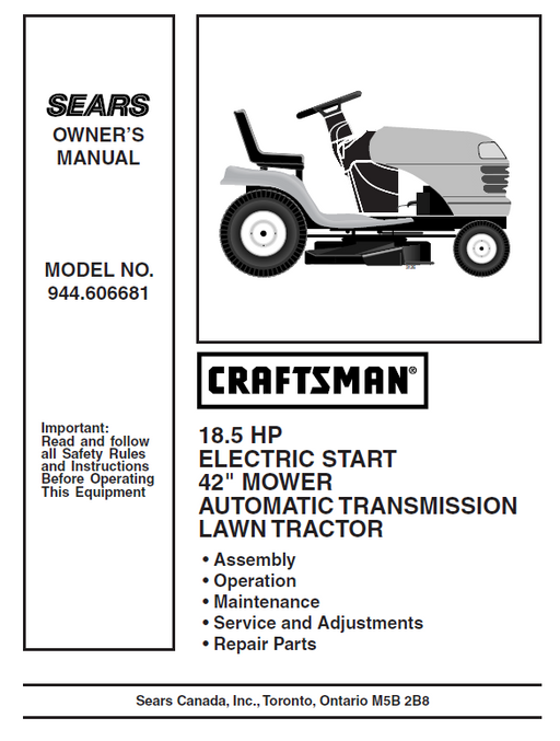 944.606681 Manual for Craftsman 18.5 HP 42" Lawn Tractor