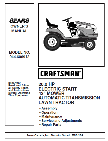 944.606912 Manual for Craftsman 20.0 HP 42" Lawn Tractor